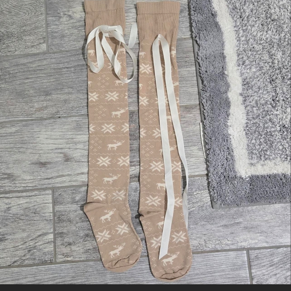 Tan Knee-High Socks with White Ribbon